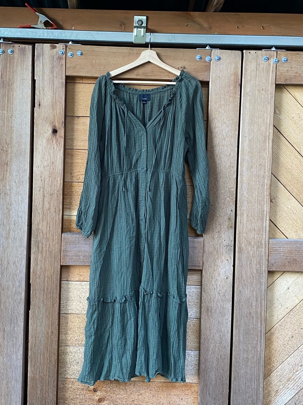 Lumiere Olive Green Long Sleeve Tiered Maxi Dress